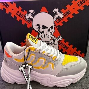 Brand X  Gray and Yellow Skull Sneakers SIZE 7 new with tags and box